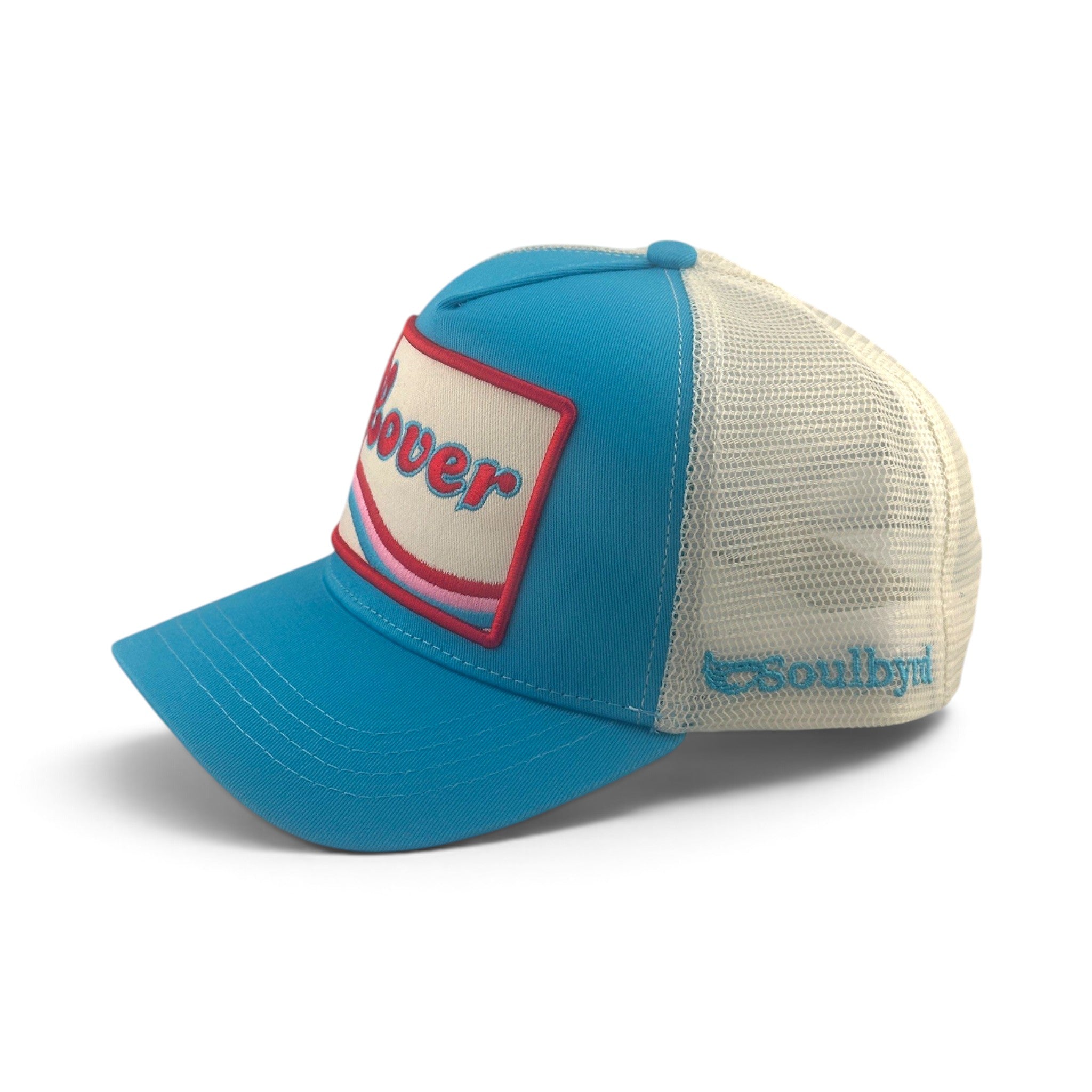Soulbyrd Wholesale turquoise cotton trucker hat with white mesh back and Lover patch on the front