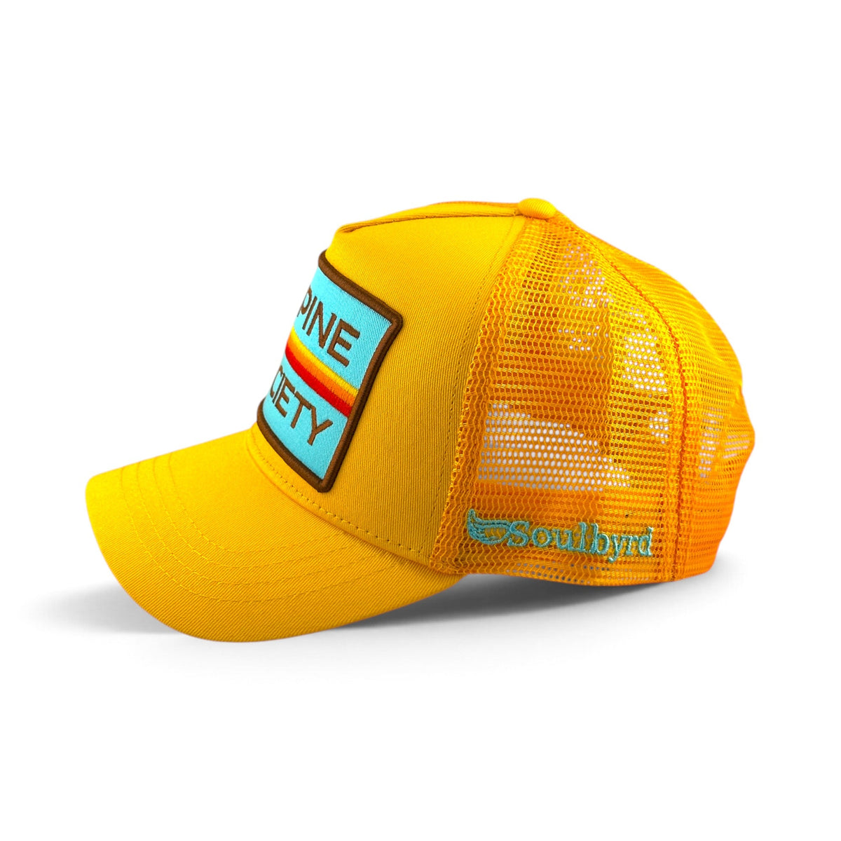 Soulbyrd Wholesale yellow 5-panel trucker hat with cotton twill front, nylon mesh back, and Alpine Society patch.