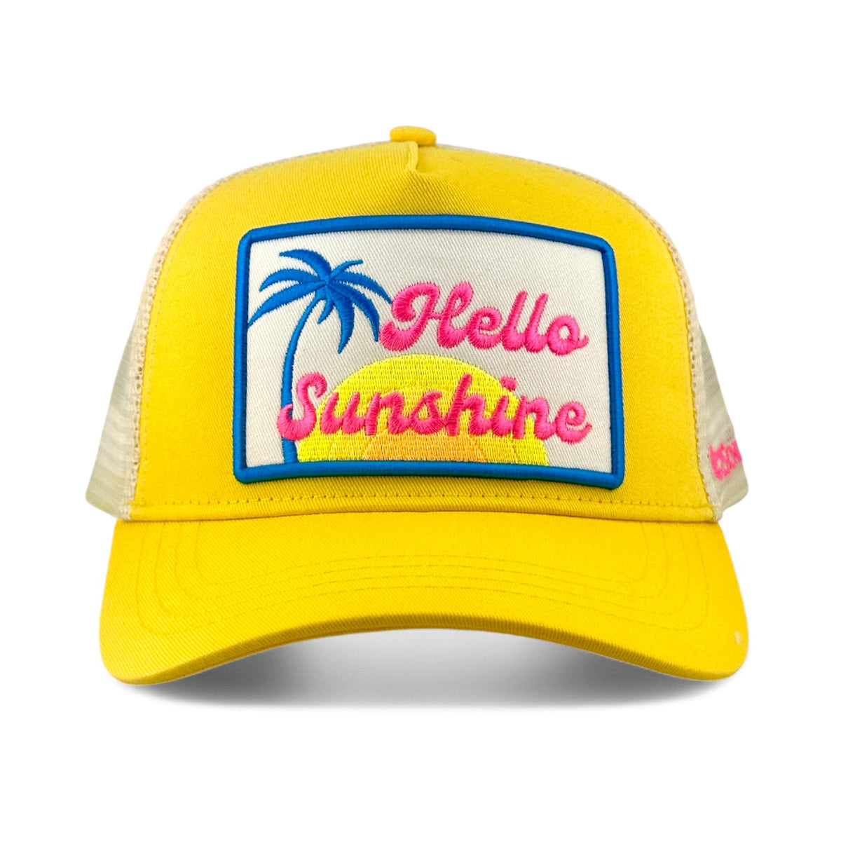 Soulbyrd Wholesale yellow 5-panel trucker hat with Hello Sunshine palm tree embroidered patch and nylon mesh back